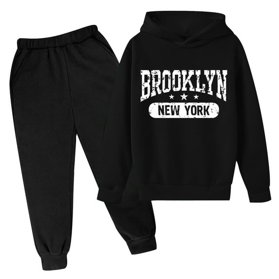 Zylarhe Boys Girls Sweatshirts Boys Autumn Winter Casual Outfits Letter Print Hooded Pullover and Pants Set Long Sleeve Play Wear 13-14 Years Black