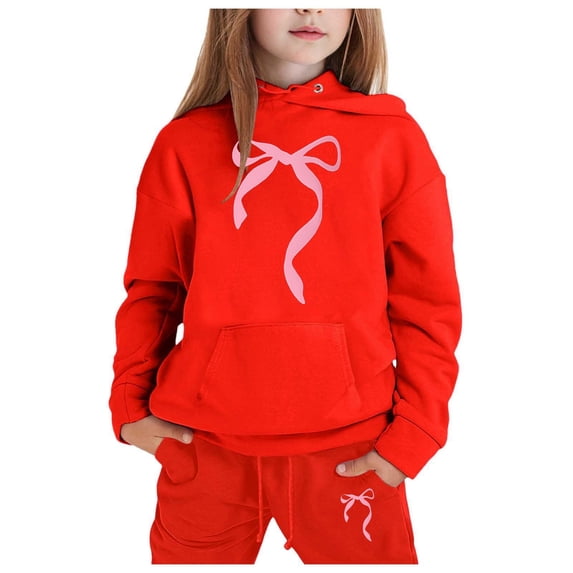 Zylarhe Boys Girls Sweatshirts Girls Hoodie and Jogger Set Featuring Adorable Bow Design for Playful 8-9 Years Red
