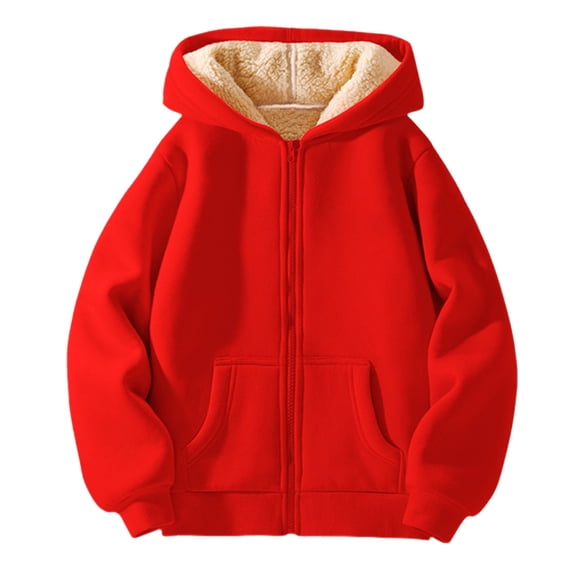 Zylarhe Boys Girls Sweatshirts Winter Outerwear for Girls Cozy Thick Lamb Wool Blend Hooded Pullover Jacket with Versatile Casual Style 4-5 Years Red