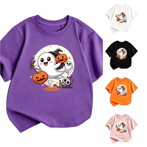 Zylarhe Boys Halloween Shirts Short Sleeve Crewneck Casual Summer Fashion Top with Cute Print for Kids Purple 11-12 Years