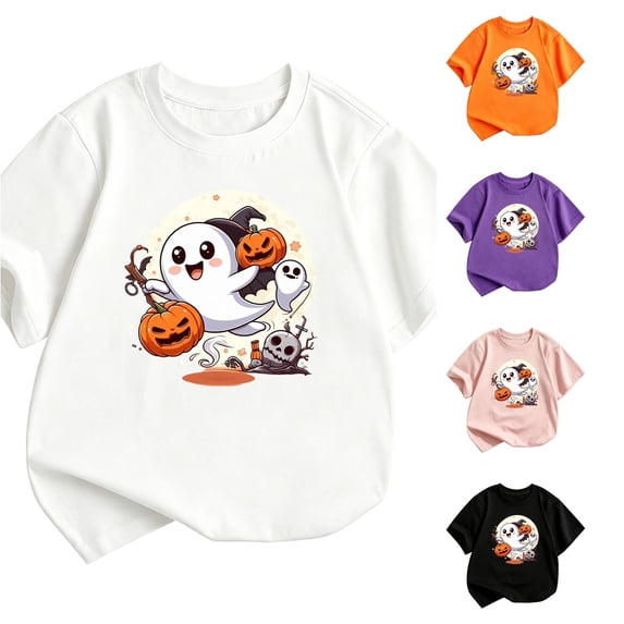 Zylarhe Boys Halloween Shirts Short Sleeve Crewneck Casual Summer Fashion Top with Cute Print for Kids White 13-14 Years