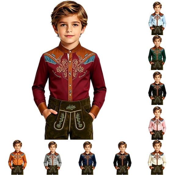 Zylarhe Boys Halloween Shirts Western Cowboy Print Short Sleeve Button Down Graphic Tee Brick Red 11-12 Years
