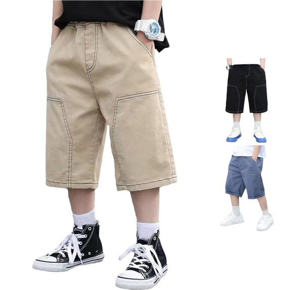 Zylarhe Boys' Pants Baggy Straight Leg Jeans with Pockets Elastic Waist Distressed Ripped Denim Khaki 11-12 Years