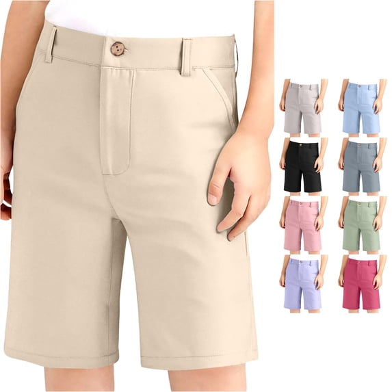Zylarhe Boys' Pants Girls Adjustable Waist Stretch Flat Front Shorts for School Uniforms Casual Khaki 13-14 Years