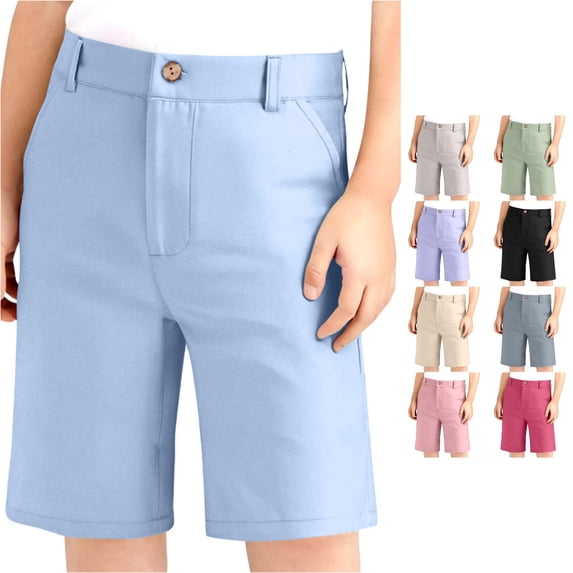 Zylarhe Boys' Pants Girls Adjustable Waist Stretch Flat Front Shorts for School Uniforms Casual Light Blue 5-6 Years
