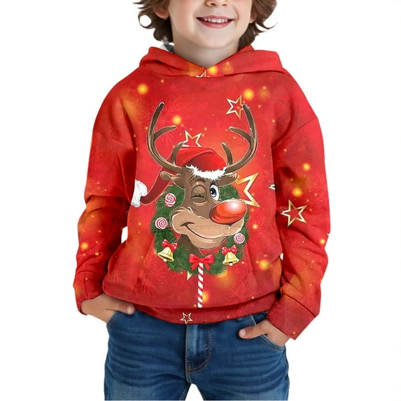 Zylarhe Boys Reindeer Hooded Winter Christmas Sweatshirt Soft Warm Pullover Kids Fashion Holiday Everyday Comfort Cozy Casual Wear 9-10 Years Red