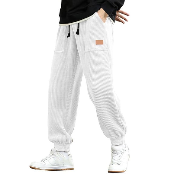 Zylarhe Casual Pants for Men Male Autumn And Winter Thickened Corduroy Solid Color Trousers With Multiple Pockets And Leather Label Lace Up Pants Men Home Pants