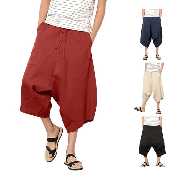 Zylarhe Casual Pants for Men, Men Summer Casual Mid Waist Loose Cropped Harem Pants With Pockets Red L
