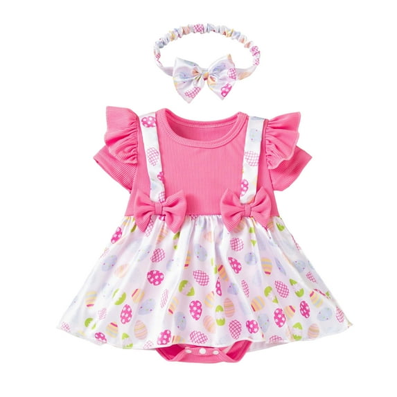 Zylarhe Easter Baby Girl Outfit Ribbed Short Sleeve Bodysuit With Attached Dress And Bow Detail For Spring Summer 6-9 Months Pink