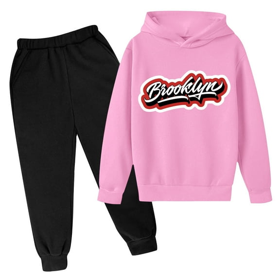 Zylarhe Girls Boys Sweatshirt Boys Autumn Winter Casual Letter Print Hooded Pullover and Pants Outfit Set with Long Sleeve Comfort Pink 7-8 Years
