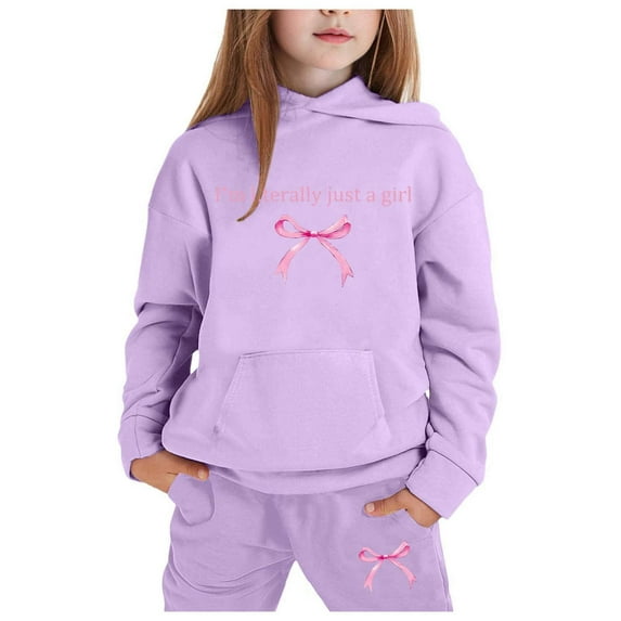 Zylarhe Girls Boys Sweatshirt Girls Long Sleeve Hooded Pullover Top and Pants Set Warm Solid Sweat Suit Outfit for Toddlers Light Purple 8-9 Years