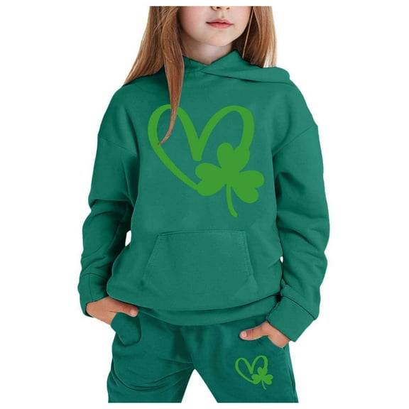 Zylarhe Girls Boys Sweatshirt Girls Long Sleeve Hoodie Pullover and Pants Set Warm Solid Color Sweat Suit Outfits for Toddler Kids Dark Green 12-13 Years