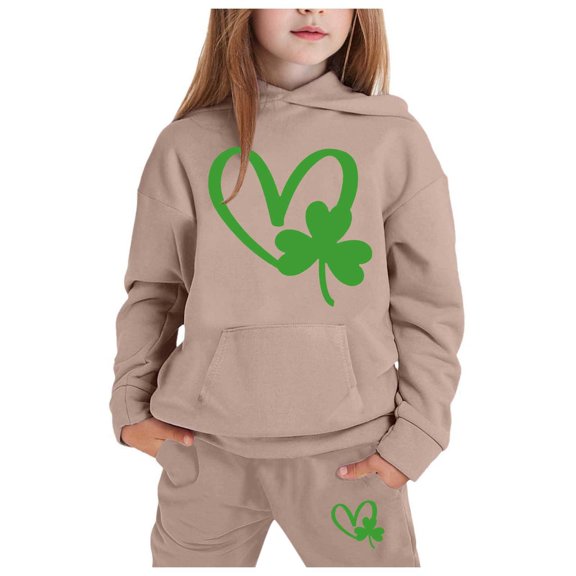 Zylarhe Girls Boys Sweatshirt Girls Long Sleeve Hoodie Pullover and Pants Set Warm Solid Color Sweat Suit Outfits for Toddler Kids Khaki 12-13 Years