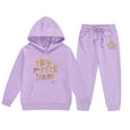 thumbnail image 1 of Zylarhe Girls Boys Sweatshirt Girls Long Sleeve Letter Print Hooded Sweater and Pants Outfit Set for Kids Purple 3-4 Years, 1 of 3