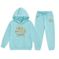 thumbnail image 1 of Zylarhe Girls Boys Sweatshirt Girls Long Sleeve Letter Print Hooded Sweater and Pants Outfit Set for Kids Sky Blue 6-7 Years, 1 of 3