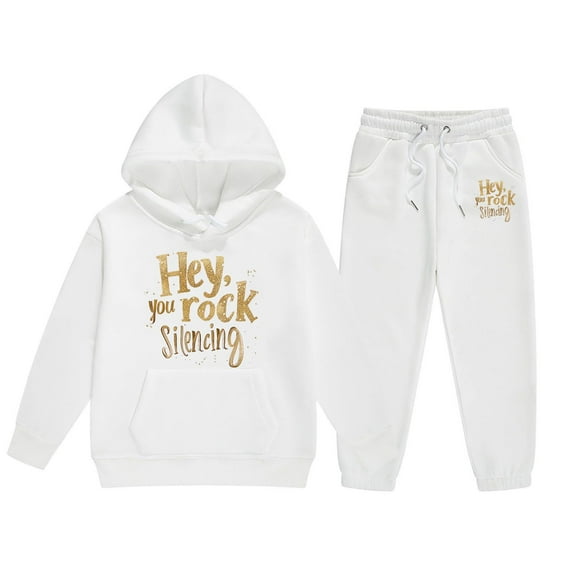 Zylarhe Girls Boys Sweatshirt Girls Long Sleeve Letter Print Hooded Sweater and Pants Outfit Set for Kids White 3-4 Years