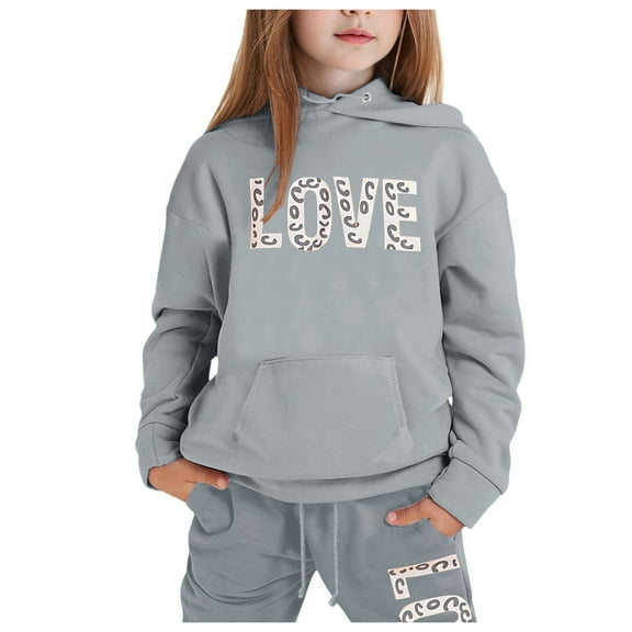 Zylarhe Girls Boys Sweatshirt Girls Outfits&Set Fashion Casual Printed Long Sleeved Hooded Top Hoodie Pants Suit for Girls Grey 2-3 Years