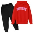 thumbnail image 1 of Zylarhe Girls Boys Sweatshirt Kids Letter Print Hoodie and Sweatpants Set Unisex York Theme Casual Tracksuit for Boys Comfortable Stylish Athletic Wear Red 4-5 Years, 1 of 2