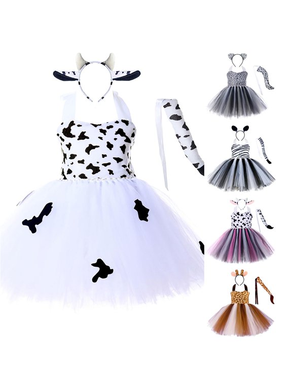 Girls Christmas Dress Tiger Leopard Cow Animal Cosplay Party Tutu for Kids Performance White 1-2 Years