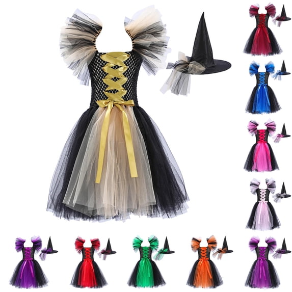 Zylarhe Girls Dresses Magnificent Witch Black Gown with Hat Fancy Tutu Dress Up Party Tulle E 10-12 Years