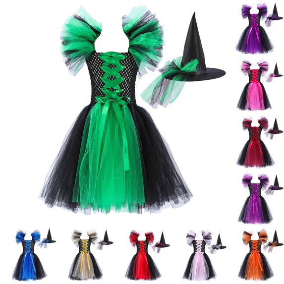 Zylarhe Girls Dresses Magnificent Witch Black Gown with Hat Fancy Tutu Dress Up Party Tulle I 10-12 Years