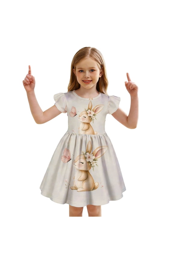 Girls Easter Dress Girls Girls Dresses for Kids Easter Bunny Print Flutter Sleeve Casual Party Dress for Toddlers and Girls Everyday Wear 6-7 Years White