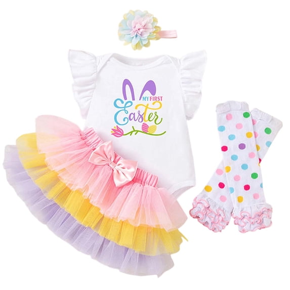 Zylarhe Girls Easter Dress Girls Girls Outfits&Set Easter Bunny Print Toddler Twins Dress Two Piece Summer Holiday Layered Floral Design By Fashion 9-12 Months Multicolor1