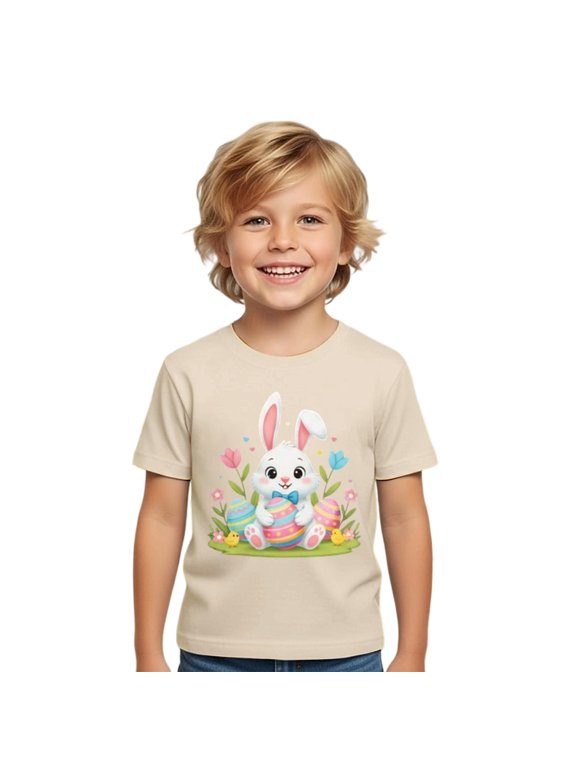 Girls Easter Shirt Boys Tops Easter Short Sleeve Graphic Tee for Kids Colorful Holiday Casual Soft Everyday Wear Lightweight Boy Top Suitable for Spring Summer 1-2 Years Beige