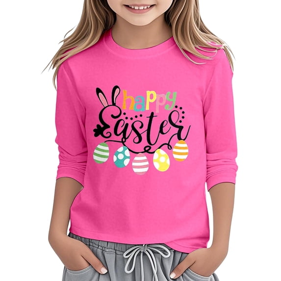 Zylarhe Girls Easter Shirt Easter Bunny Letter Print Casual Tee Soft Blouse Top Outfit For Girls Short Sleeve Shirt 13-14 Years Hot Pink