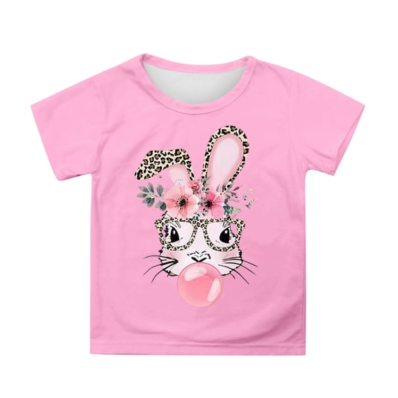 Zylarhe Girls Easter Shirt Playful Easter Print Short Sleeve Tee for Girls - Loose Fit Round Neck Top for Toddlers and Kids Everyday Playwear 3-4 Years Pink