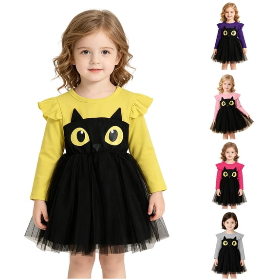 Zylarhe Girls Halloween Toddler Kids Cosplay Long Sleeve Cartoon Prints Mesh Dress Outfit Yellow 18-24 Months