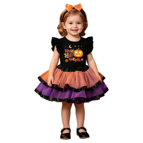 Zylarhe Girls Halloween Print Tunic Top Skirt Three Piece Party Dress Outfit Purple 2-3 Years