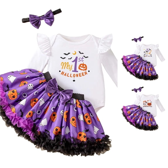 Zylarhe Girls Halloween Pumpkin Print Long Sleeve Romper Skirt Hair Accessories Set Purple 9-12 Months