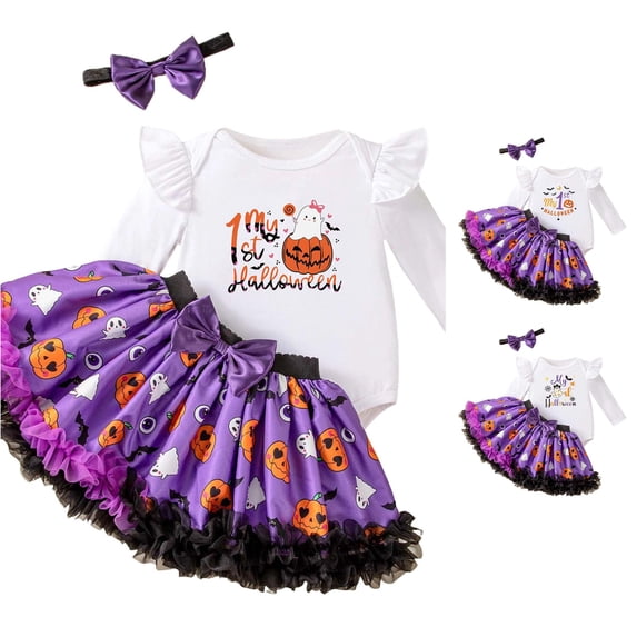 Zylarhe Girls Halloween Pumpkin Print Long Sleeve Romper Skirt Hair Accessories Set White 6-9 Months