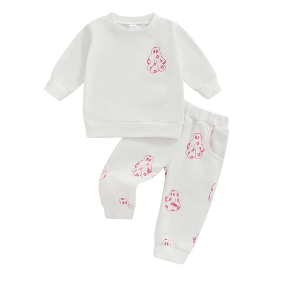 Zylarhe Girls Halloween Themed Printed Casual Sports Wear Top Bottom Set for Toddlers White 6-12 Months