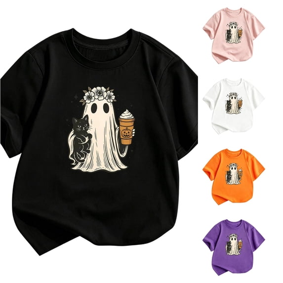 Zylarhe Girls Halloween Tops Short Sleeve Crewneck T Shirt for Casual Summer Fun Graphic Shirt for Kids Black 11-12 Years