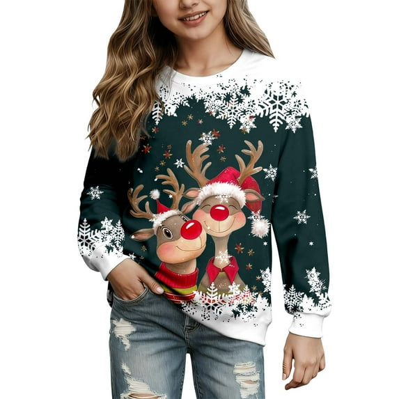 Zylarhe Girls Hoodies & Sweatshirts Cartoon Deer Head Crew Neck Long Sleeve Christmas Sweatshirt for Girls 2 to 14 Years Old Outdoor