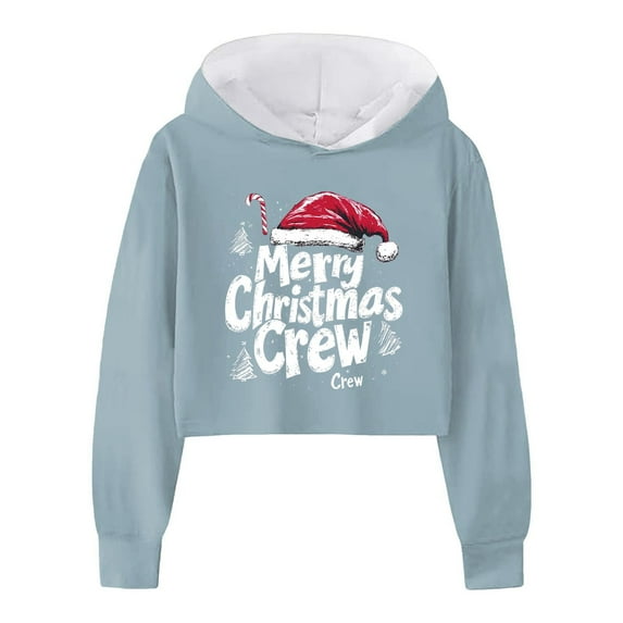 Zylarhe Girls Hoodies & Sweatshirts Christmas Kids Girls Long Sleeve Letters Solid Color Short Hoodie Top for Kids 4-5 Years Light Blue