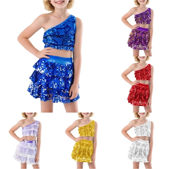 Zylarhe Girls Sequin Dance Two Piece Stretchy Performance Skirt Top Party Outfit Blue 4-5 Years