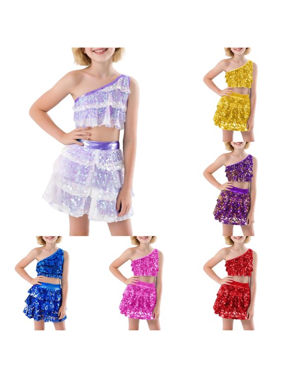 Girls Sequin Dance Two Piece Stretchy Performance Skirt Top Party Outfit Light Purple 6-7 Years