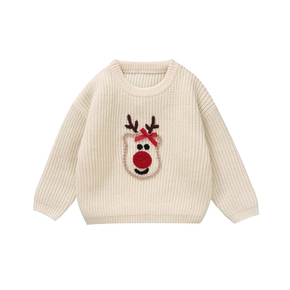Zylarhe Girls' Sweaters Baby Christmas Deer Cardigan Knit Long Sleeve Crewneck Toddler Fall Winter Tops Beige 2-3 Years