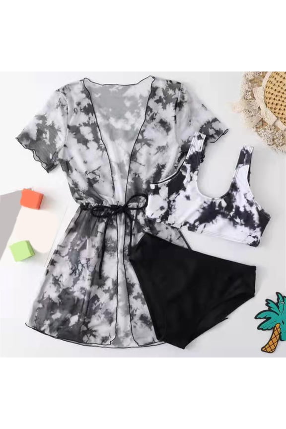 Girls Swimsuit 3 Piece Girls Swimwear - Playful 3 Piece Beach Set for Kids - Stylish Bikini Tops Bottoms and Coat Bathing Suit for Girls 6-8 Years White