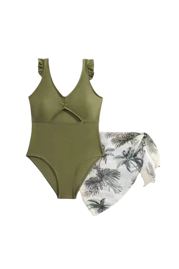 Girls Swimsuit Floral Print Girls Swimsuit with Ruffle Trim Skirt and Bikini Top Sun Swimwear for Teen Youth Army Green 15-16 Years