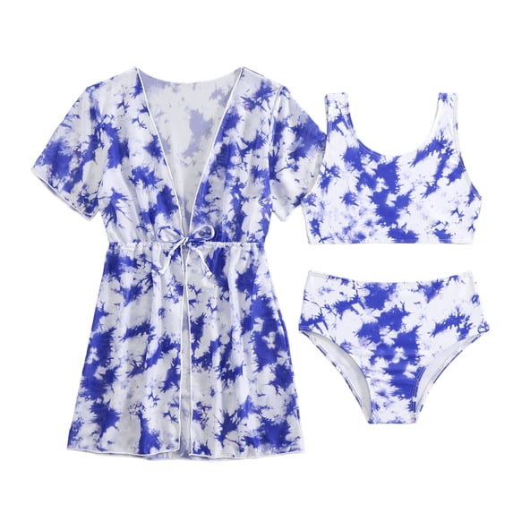 Zylarhe Girls Swimsuit Floral Print Girls Three Piece Swimwear Set With Mesh Cover Up For Big Kids And Teens Blue 6-7 Years