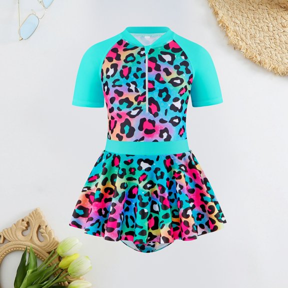 Zylarhe Girls Swimsuit, Girls Fashionable Leopard Print Swimsuit for Spa and Beach - Kids Swimwear for Girls Leopard Pattern Beachwear Mint Green