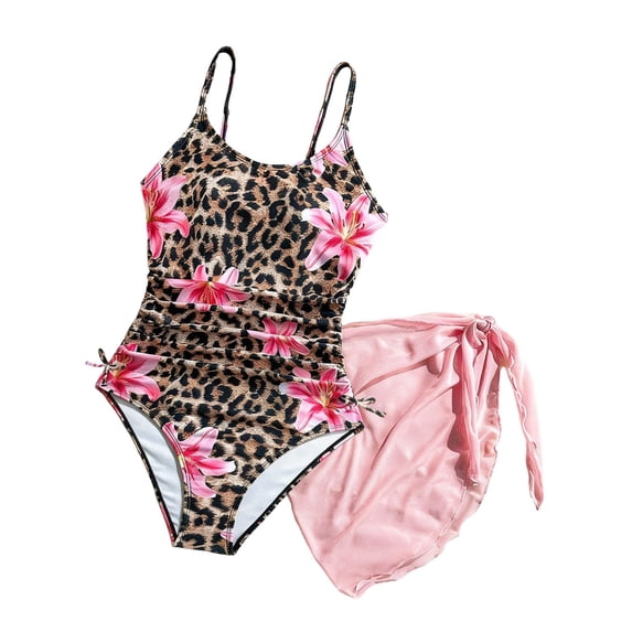 Zylarhe Girls Swimsuit Girls Floral Leopard Print Bikini Swimsuit Set With High Waist Tankini Top And Ruffle Skirt Bottom For Beach Pool Multicolor 9-10 Years