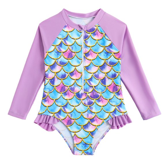 Zylarhe Girls Swimsuit Girls Long Sleeve Swimsuit Gradient Cherry Print Front Zipper Summer Beachwear Sun Swimwear Purple 4-5 Years