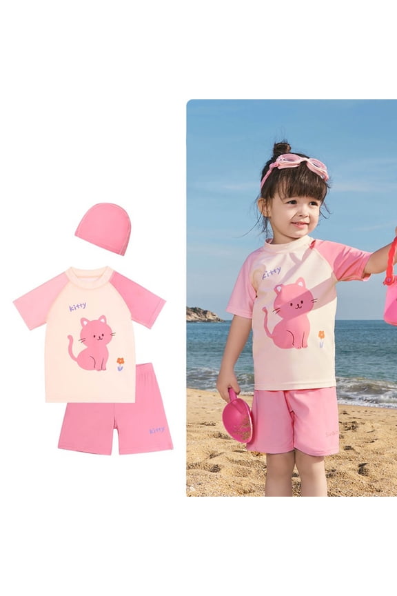 Girls Swimsuit, Girls Sun Protective Swim Set Short Sleeve Swimsuit With Matching Cap For Summer Pool Beach 3-4 Years Pink