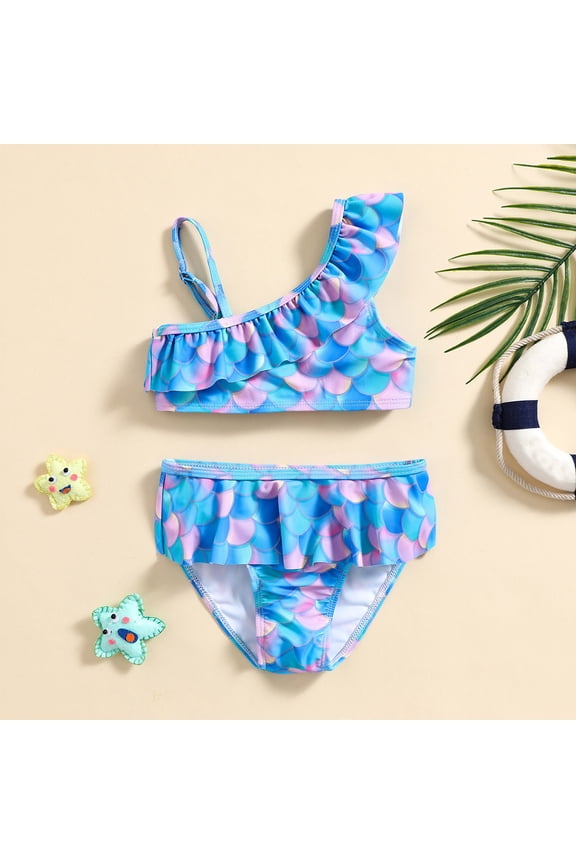 Girls Swimsuit, Girls Swimwear Summer Toddler Girls Cartoon Printed Ruffles Two Piece Swimwear Swimsuit Bikini Platform Competitor Title Girls Two Piece Tankini Swimsuits 4-5 Years Blue