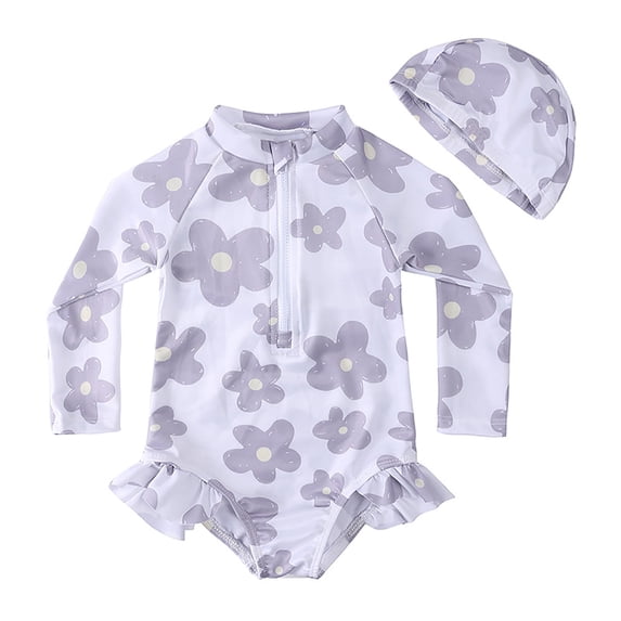 Zylarhe Girls Swimsuit, Girls Swimwear for Kids - Durable Toddler Bathing Suit with Long Sleeve Printing for Beach Play and Pool 5-6 Years Purple